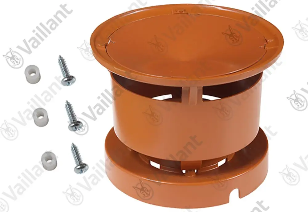 Vaillant Abgashaube in orange mit vier Schrauben und Unterlegscheiben zur Montage. Ovaler Deckel mit Belüftungsöffnungen.